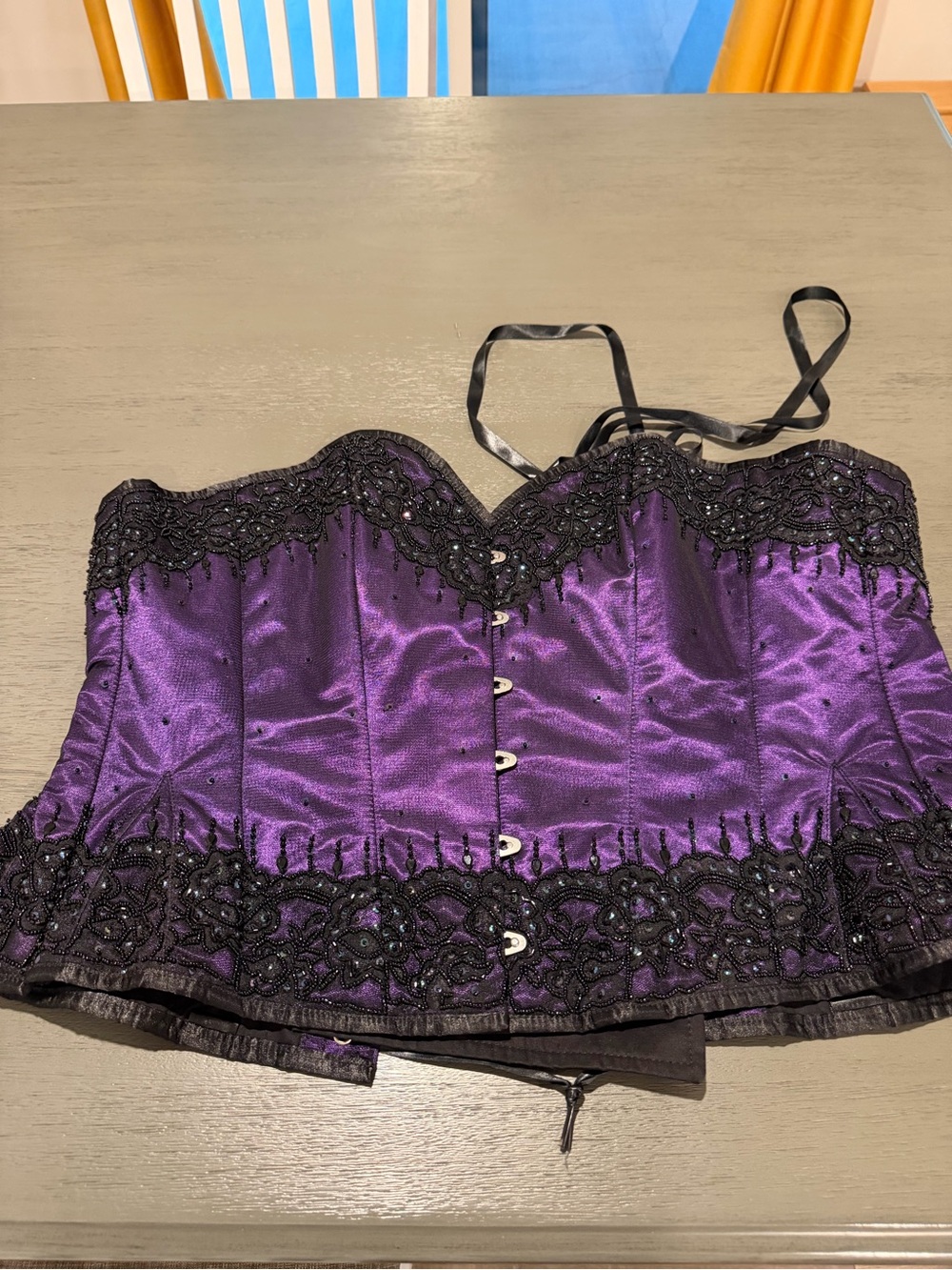 Purple Satin Lace-Trim Corset Camisole with Front Busk